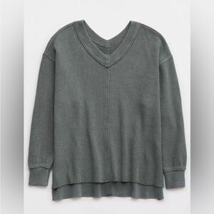 Aerie Grey Ribbed V-Neck Sweatshirt - L